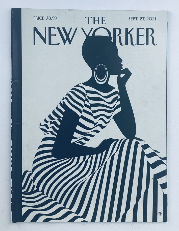 Cover of The New Yorker Full Magazine September 27 2021, designed by Malika Favre, featuring a minimalist illustration of a woman in a striped dress, capturing contemporary artistic elegance.