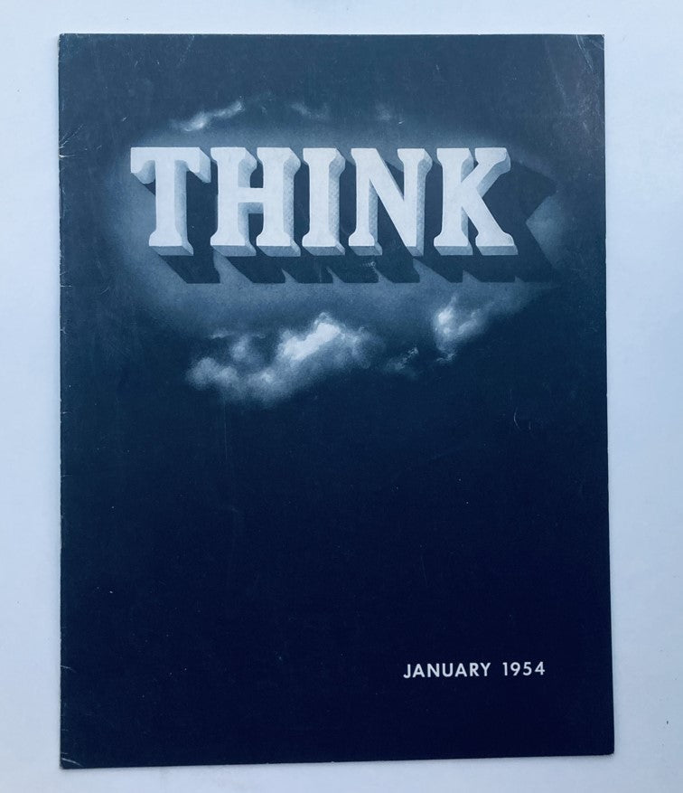 Cover of VTG Think Magazine January 1954 Vol 20 No. 1 featuring bold 'THINK' title and cloudy background.