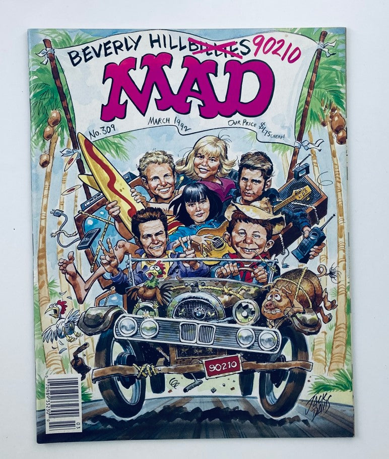 Cover of Mad Magazine March 1992 No. 309 featuring Beverly Hills 90210 characters, showcasing a humorous cartoon style with iconic pop culture references.