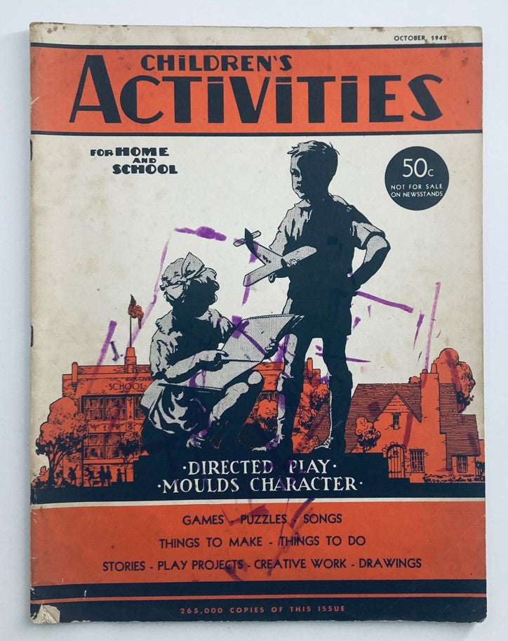 Cover page of Children's Activities for Home and School October 1942 featuring children engaged in play and creative activities.