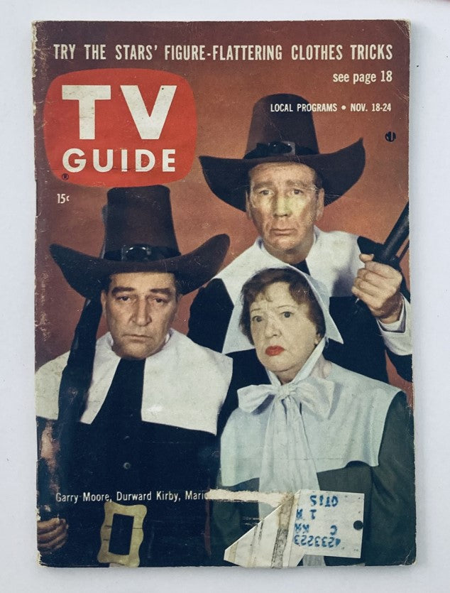 Cover of TV Guide Magazine, November 18, 1961, featuring Garry Moore, Durward Kirby, and Marion Lorne, showcasing a vintage television theme.