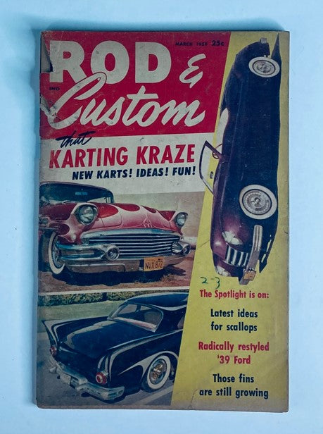 Vintage Rod & Custom Magazine from March 1959, titled 'The Man Who Started It All,' showcasing an iconic automobile on the cover along with karting features.