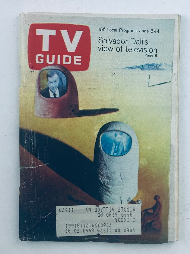 Cover of TV Guide Magazine June 8 1968 featuring Salvador Dali's unique view of television, showcasing surrealist artwork with TV screens and characters.