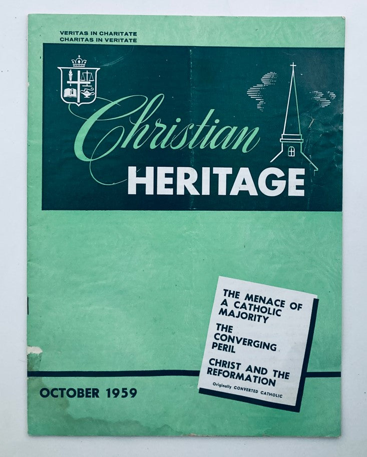 Cover of VTG Christian Heritage Magazine October 1959 featuring the title "The Converging Peril," highlighting societal topics with a vintage design and church imagery.