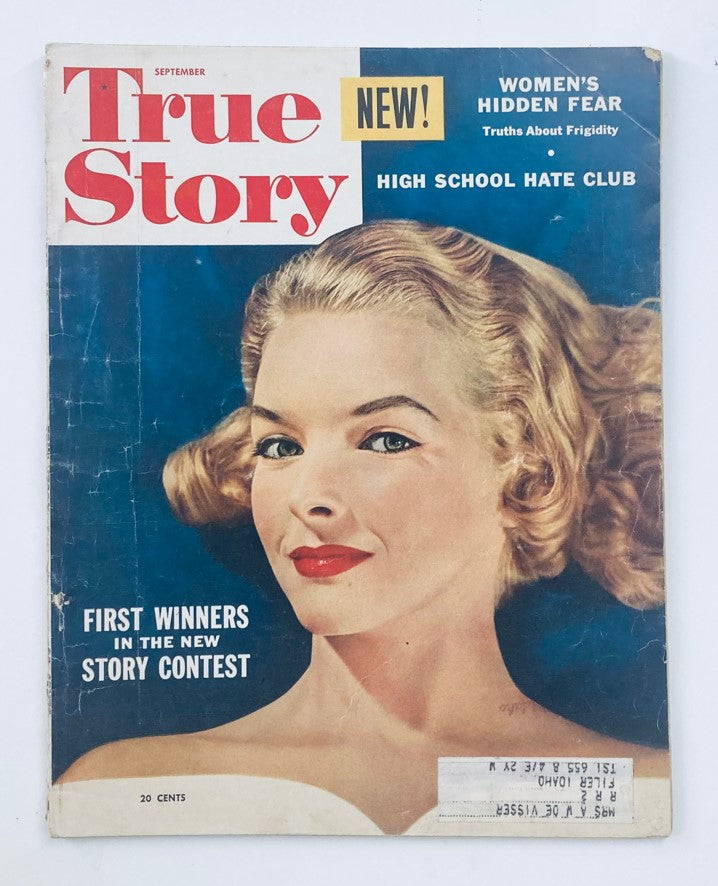 Cover of VTG True Story Magazine September 1953 featuring the article 'Women's Hidden Fear', showcasing a glamorous woman with blonde curls and bold red lips.