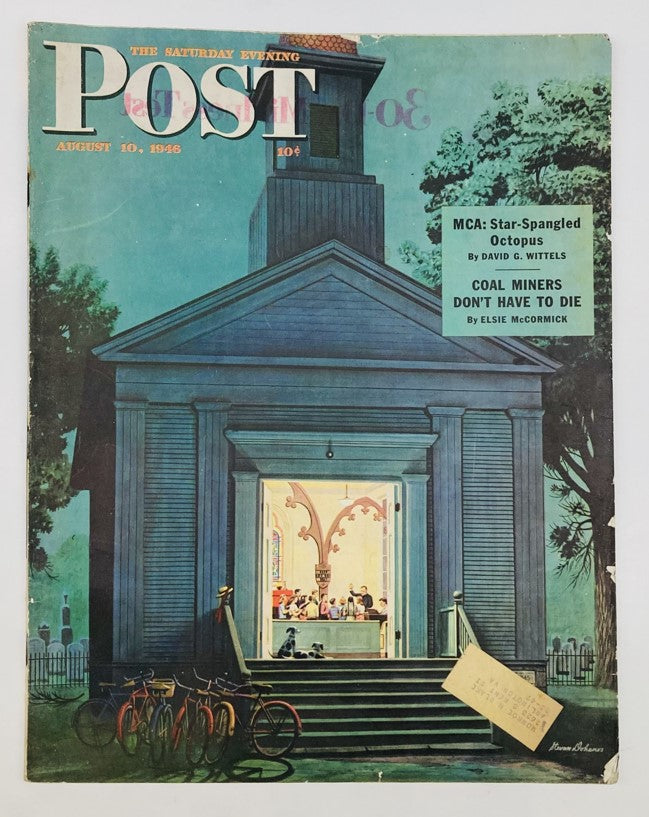 The Saturday Evening Post Magazine August 10 1946 illustrated cover featuring artwork by Stevan Dohanos, showcasing a charming church scene with people inside, bicycles parked in the foreground.