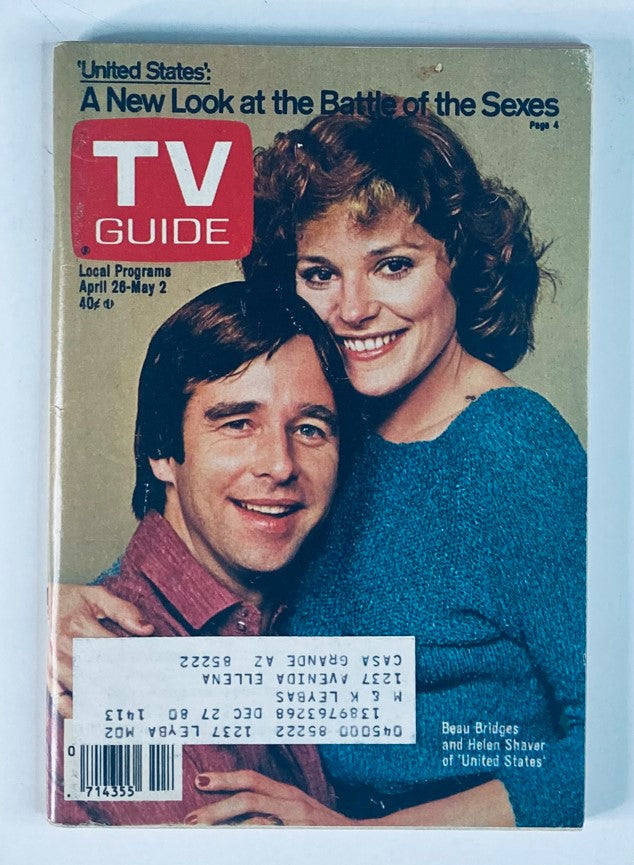Cover of TV Guide Magazine April 26 1980, Issue #1413 featuring Beau Bridges and Helen Shaver, highlighting television culture of the late 1970s.