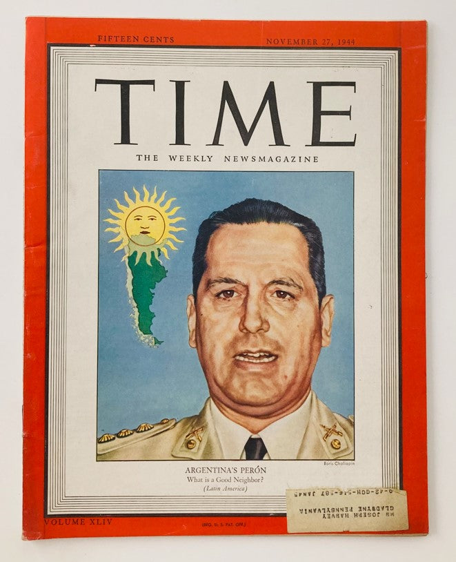 Vintage Time Magazine cover from November 27, 1944, featuring Argentina's Juan Perón with a sun symbol and a depiction of Argentina's map. This historical publication captures significant political and social themes from the time period.