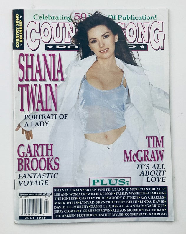 Country Song Roundup Magazine July 1999 Cover featuring Shania Twain, celebrating 50 years of publication.