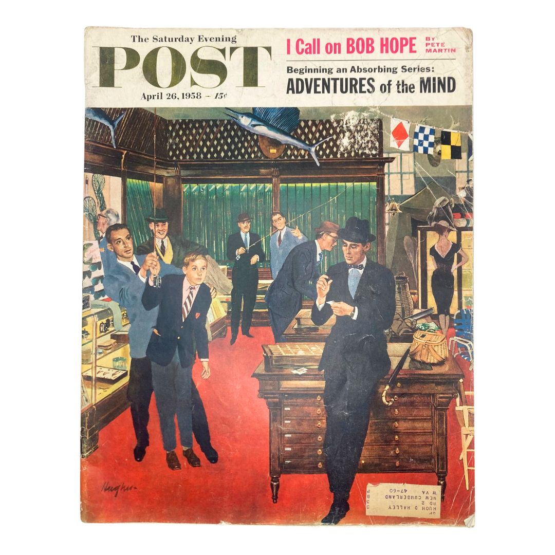Cover of Saturday Evening Post Magazine April 26, 1958, featuring a vivid illustration with characters in a mid-20th-century setting, highlighting the theme 'I Call on Bob Hope' and showcasing vintage cultural elements.