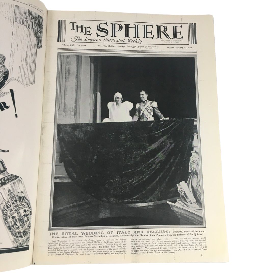 Front page of The Sphere Newspaper from January 11, 1930, featuring a photograph commemorating the royal wedding of Princess Marie-Jose and Prince Umberto.