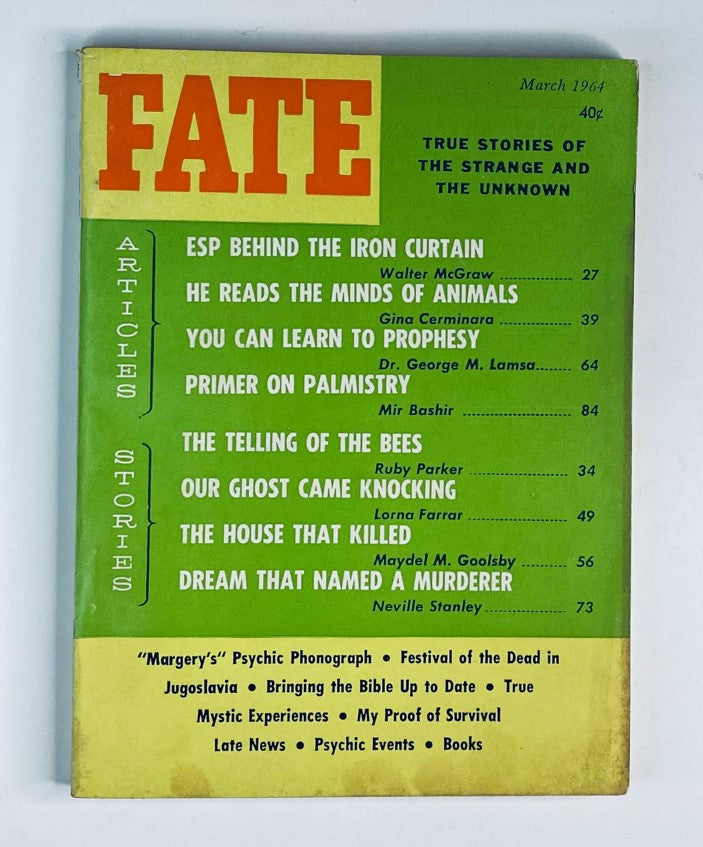 Front cover of VTG Fate Magazine March 1964 Vol 17 No. 3 featuring the title 'FATE' and detailed articles including 'Primer on Palmistry', showcasing a vibrant green background with illustrations and text related to mysticism.