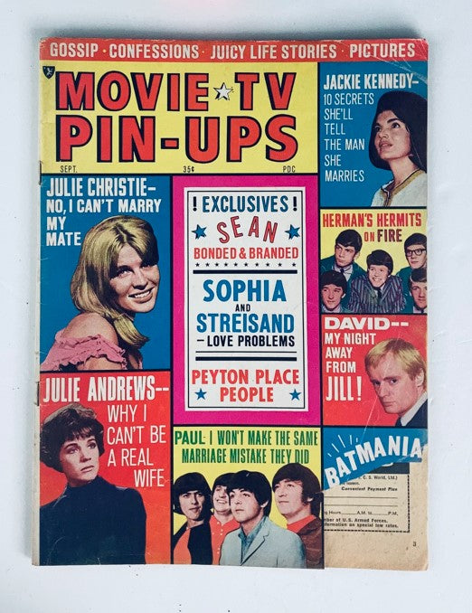 Cover of VTG Movie TV Pin-Ups Magazine, September 1966, Vol 1 No 1 featuring Jackie Kennedy alongside retro movie stars and headlines about popular culture.