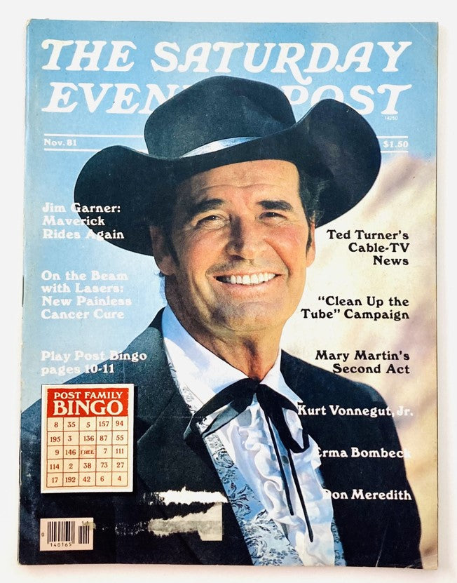 Cover of Saturday Evening Post Magazine November 1981 featuring Jim Garner, a Hollywood actor, wearing a cowboy hat and smiling, showcasing vintage Americana.