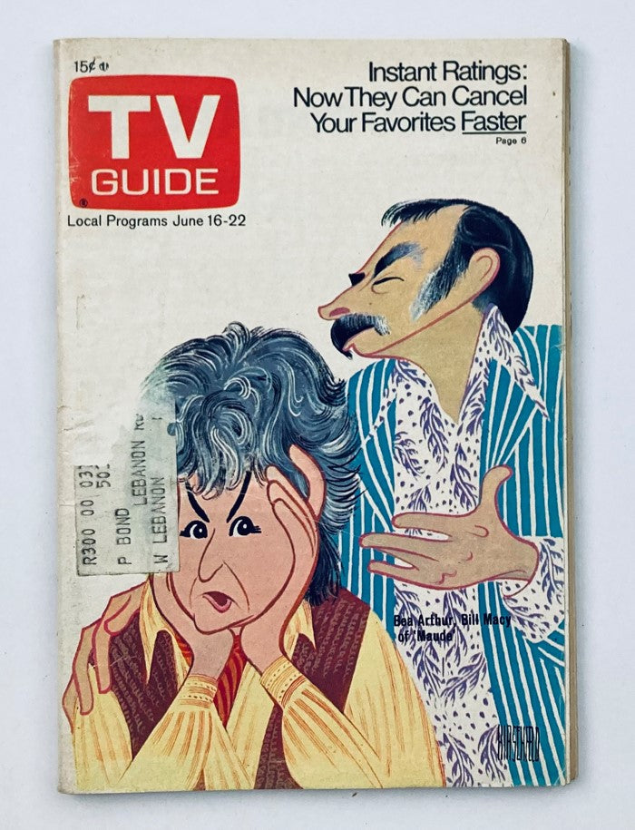 Cover of TV Guide Magazine June 16 1973, Issue #555 featuring caricatures of Bea Arthur and Bill Macy with a headline about instant ratings. Northern New England Edition.