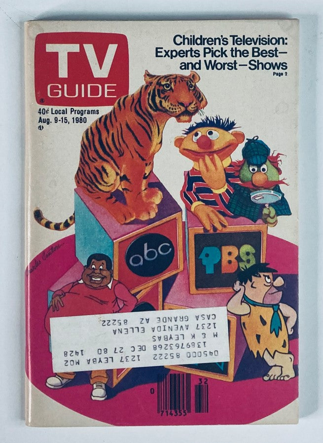 Cover of TV Guide Magazine August 9 1980 #1428 featuring a vibrant illustration with children's television characters including a tiger, Ernie from Sesame Street, and others, highlighting the theme 'Children's Television: Experts Pick the Best - and Worst - Shows.'