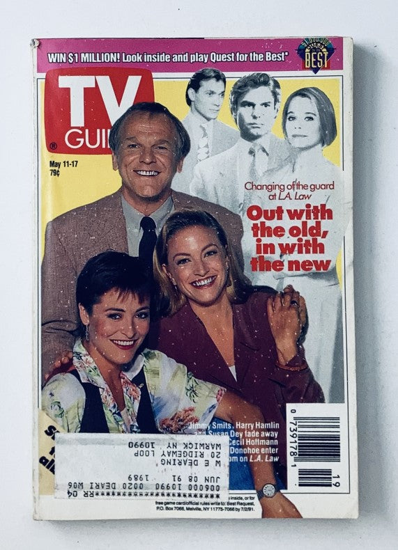 TV Guide Magazine May 11 1991 cover featuring actors from 'L.A. Law,' with headlines highlighting television changes and nostalgic pop culture themes.