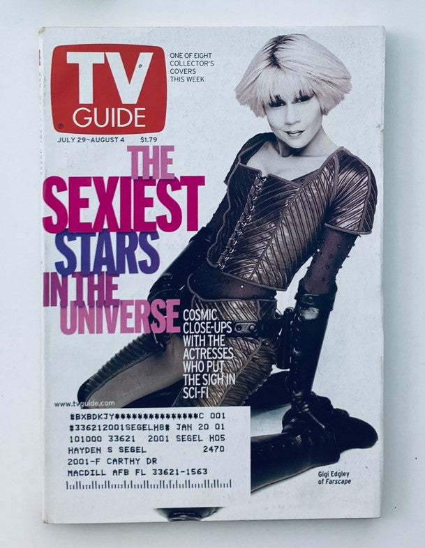 TV Guide Magazine cover from July 29 to August 4, 2000, featuring the theme 'The Sexiest Stars in the Universe' with Gigi Edgley. The cover highlights actresses known for their roles in sci-fi and fantasy.