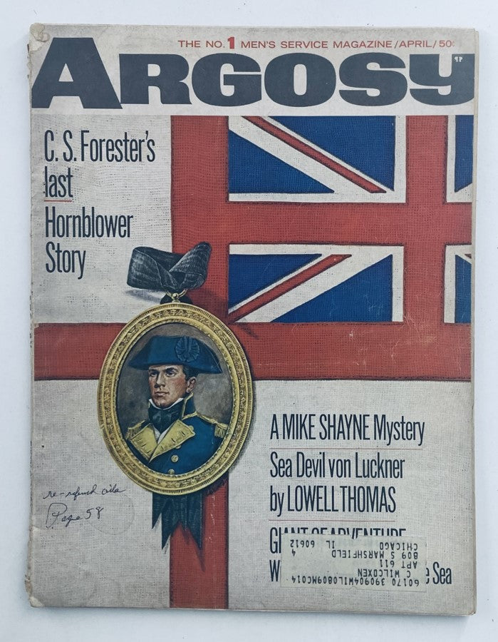 Cover of VTG Argosy Magazine April 1967 Vol 364 No. 4 featuring a Mike Shayne Mystery, showcasing striking design elements such as the Union Jack and a portrait framing a naval officer.