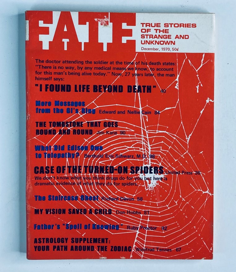 Cover of VTG Fate Magazine December 1970 Vol 23 No. 12 featuring 'The Staircase Ghost', showcasing articles on paranormal phenomena and ghost stories. The magazine has a vivid red design with spider web graphics.