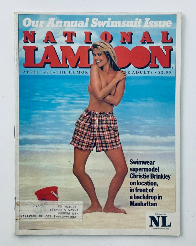Cover of Vintage National Lampoon Magazine April 1983 Vol 2 No 57 featuring model Christie Brinkley posing on a beach.