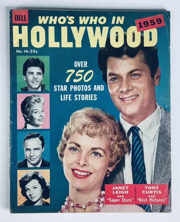 VTG Who's Who In Hollywood Magazine 1959 Volume 1 Issue #14 cover featuring Janet Leigh, Tony Curtis, and other stars with vibrant colors and classic 1950s design.
