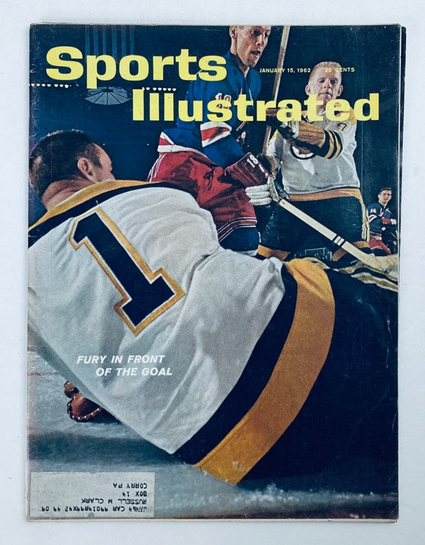 Vintage Sports Illustrated magazine from January 15, 1962, Volume 16 No. 2 titled 'The Fury in Goal.' The cover features intense sports action, showcasing players in hockey gear, emphasizing the period's iconic sports culture.