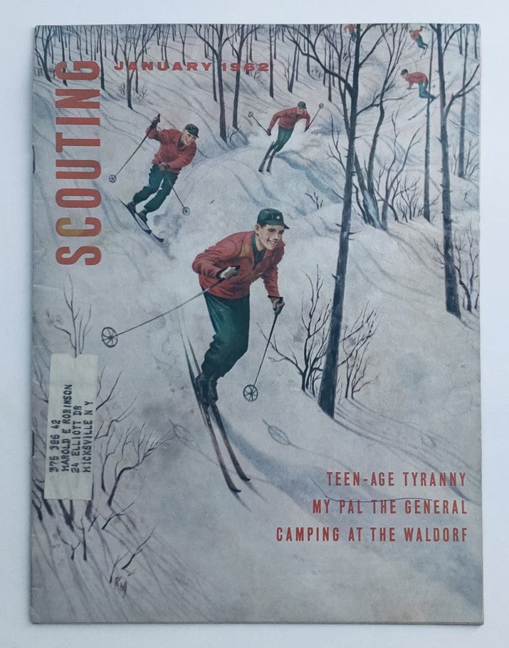 Cover of VTG Scouting Magazine January 1962, Volume 50, Number 1 featuring skiers in a snowy landscape, highlighting the themes of adventure and outdoor activities.