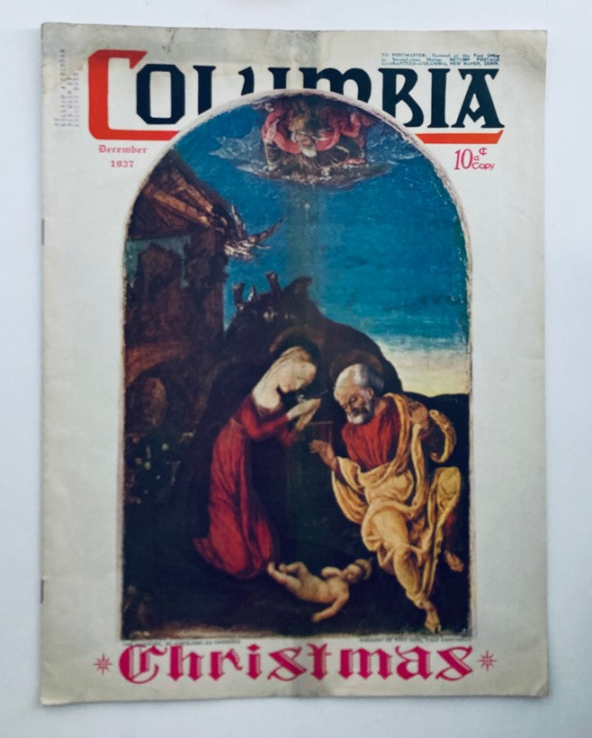 VTG Columbia Magazine December 1937 Vol 17 No. 6 A Christmas Greeting cover featuring a nativity scene with Mary, Joseph, and baby Jesus, adorned with festive designs and vintage typography.