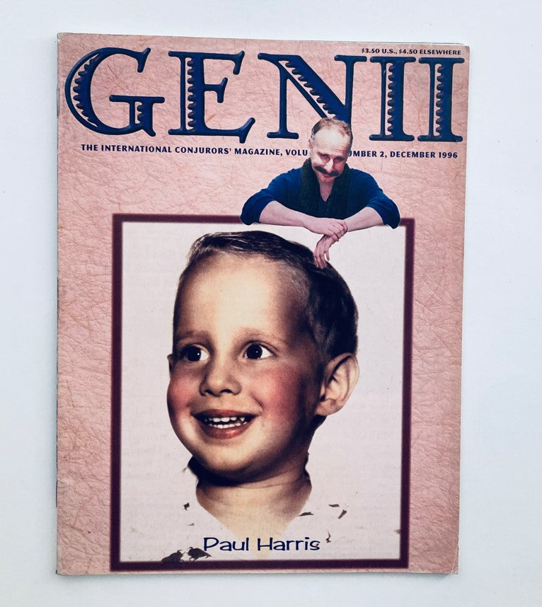 Cover of Genii The Conjurors' Magazine December 1996 Vol 60 No. 2 featuring Paul Harris, showcasing a child smiling with an illustration of an adult magician behind.