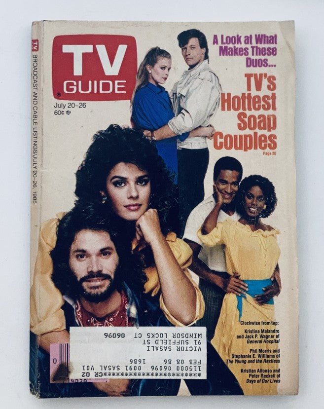 TV Guide Magazine cover from July 20, 1985 featuring Stephanie E. Williams, advertising TV's hottest soap couples. The magazine showcases prominent soap opera stars and highlights television history.