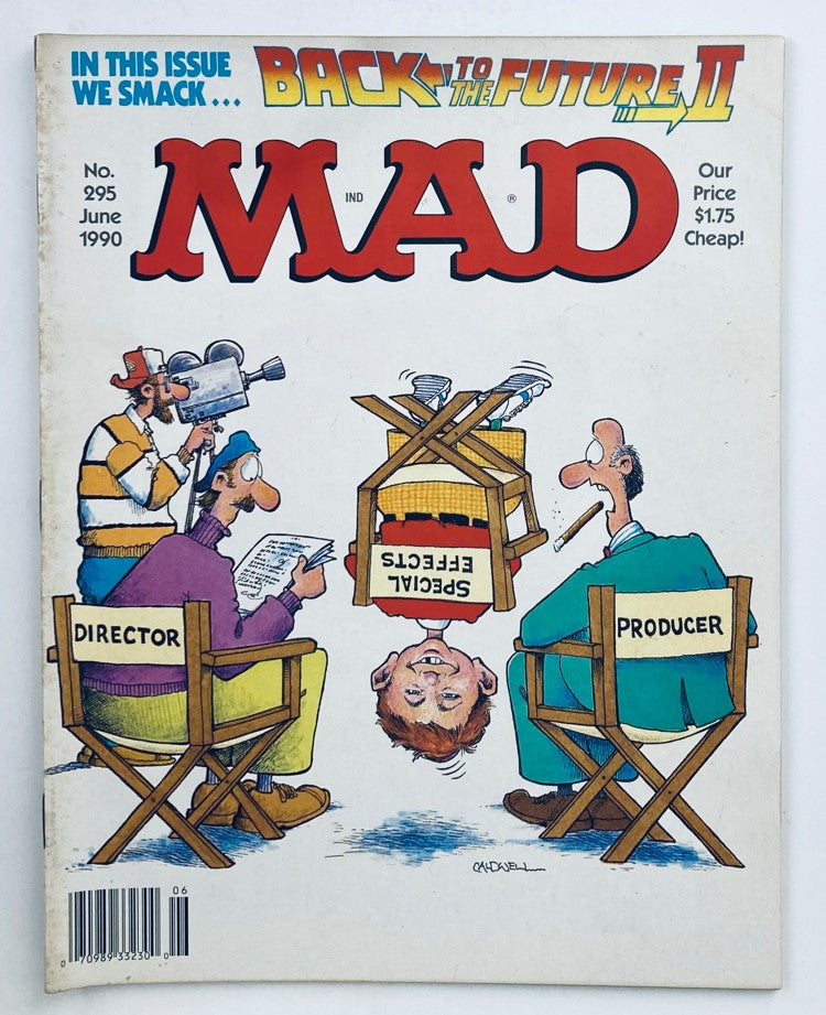 Cover of Mad Magazine June 1990 No. 295 featuring a humorous illustration related to Back to the Future II, showcasing characters of a director and producer.