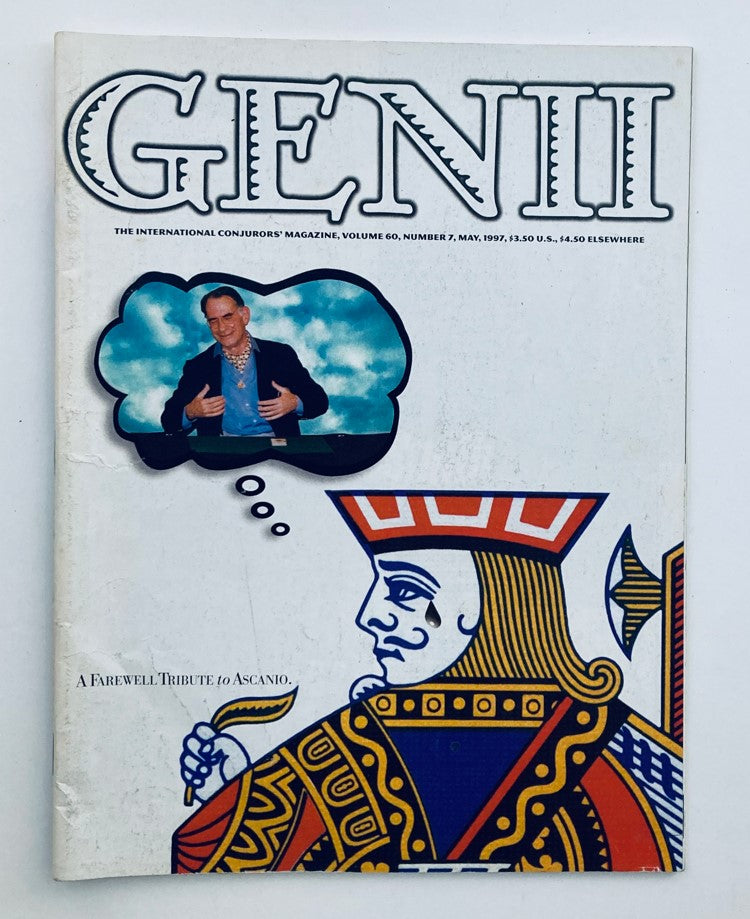 Cover of VTG Genii The Conjurors' Magazine from May 1997 featuring a colorful illustration and a tribute to a magician, titled 'A Farewell Tribute to Ascanio.'