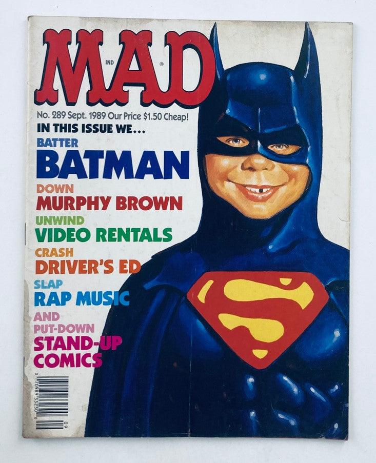 Mad Magazine September 1989 No. 289 featuring Alfred as Batman on the cover, displaying vibrant colors and text including headlines like 'Batter Batman' and humor themes.