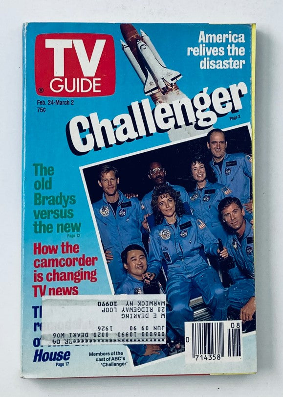 TV Guide Magazine February 24 1990 featuring the cast of ABC's 'Challenger', depicting the cover with the iconic space shuttle and text highlighting the disaster.