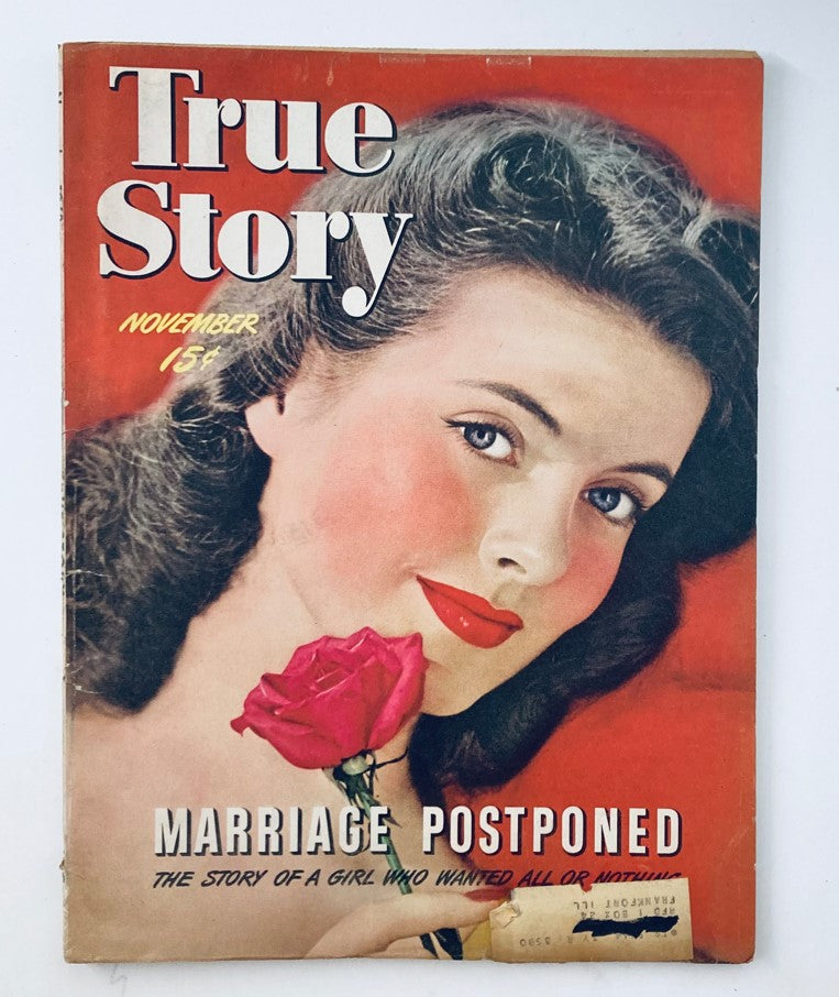 VTG True Story Magazine November 1943 cover featuring a young woman with a rose and the title 'Marriage Postponed'.