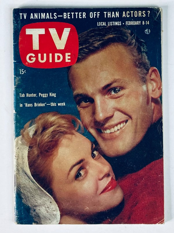 Cover of TV Guide Magazine February 8 1958 featuring Tab Hunter and Peggy King, showcasing classic television nostalgia from the late 1950s.