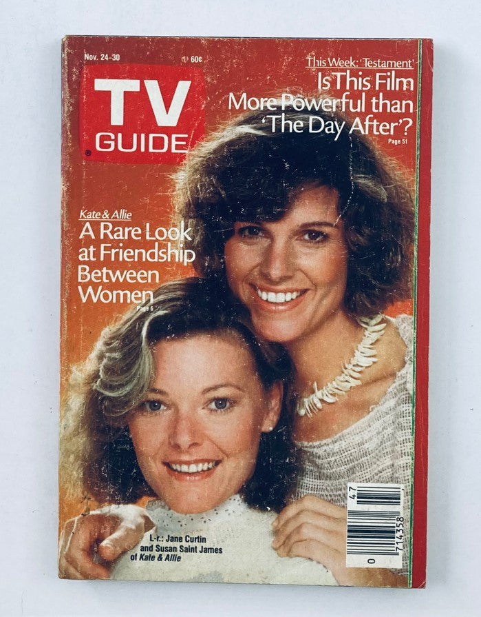 TV Guide Magazine from November 24, 1984 featuring Susan Saint James and Jane Curtin, highlighting the theme of friendship between women.