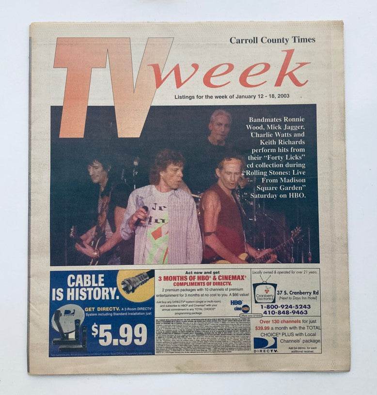 TV Week Magazine January 12 2003 cover featuring Ronnie Wood, Mick Jagger, and Keith Richards performing on stage from their 'Forty Licks' tour, promoting 'Rolling Stones: Live from Madison Square Garden' on HBO.