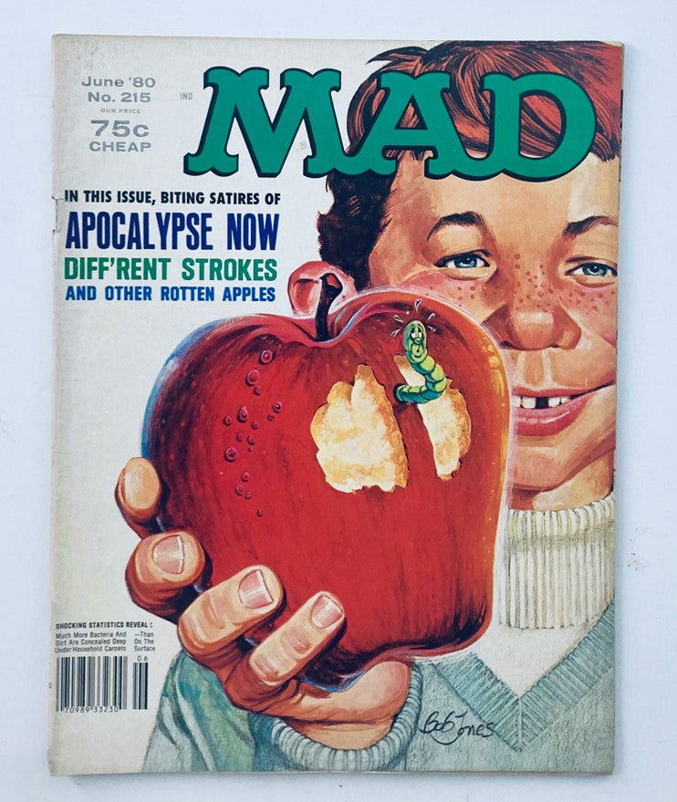 Cover of VTG Mad Magazine June 1980 No. 215, featuring a boy holding an apple with a worm, titled 'Other Rotten Apples'. This collectible issue showcases Mad's signature humor and satire.