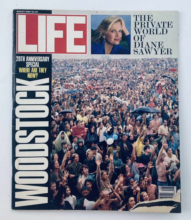 Cover of VTG Life Magazine August 1989 featuring Diane Sawyer and a crowd scene from Woodstock, highlighting cultural themes of the time.