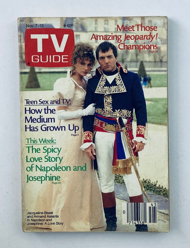 TV Guide Magazine November 7 1987 featuring Jacqueline Bisset and Armand Assante on the cover, promoting the TV movie 'Napoleon and Josephine: A Love Story' with highlights on teen culture and TV evolution.