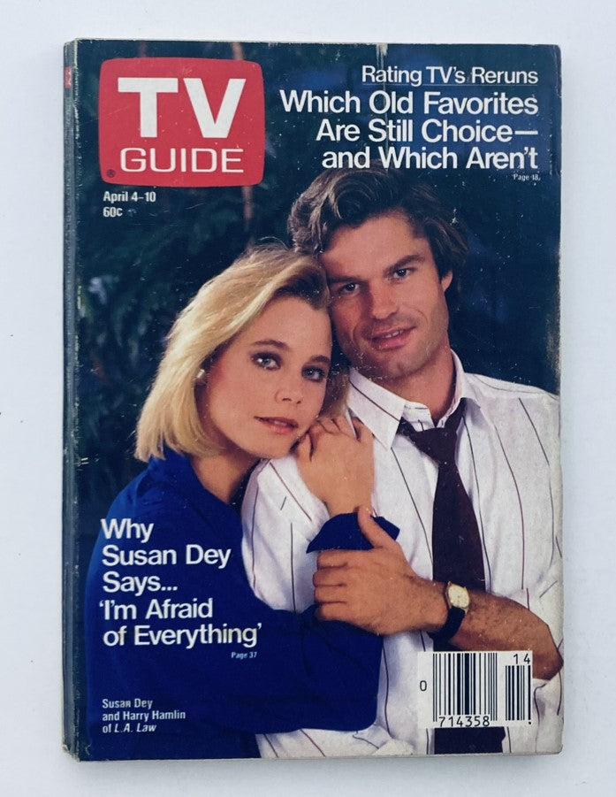 Cover of TV Guide Magazine from April 4, 1987 featuring Susan Dey and Harry Hamlin, highlighting an article on why Susan Dey says 'I'm afraid of everything.' Pittsburgh Metro Edition. Rare collectible for TV history.