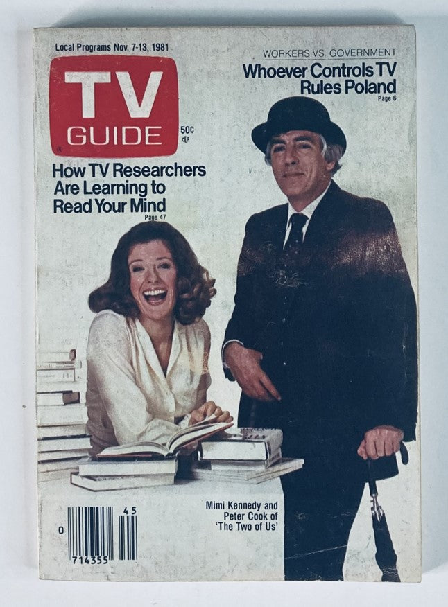 Cover of TV Guide Magazine, November 7, 1981, featuring Mimi Kennedy and Peter Cook, showcasing a vintage design with headlines about TV research and programming.
