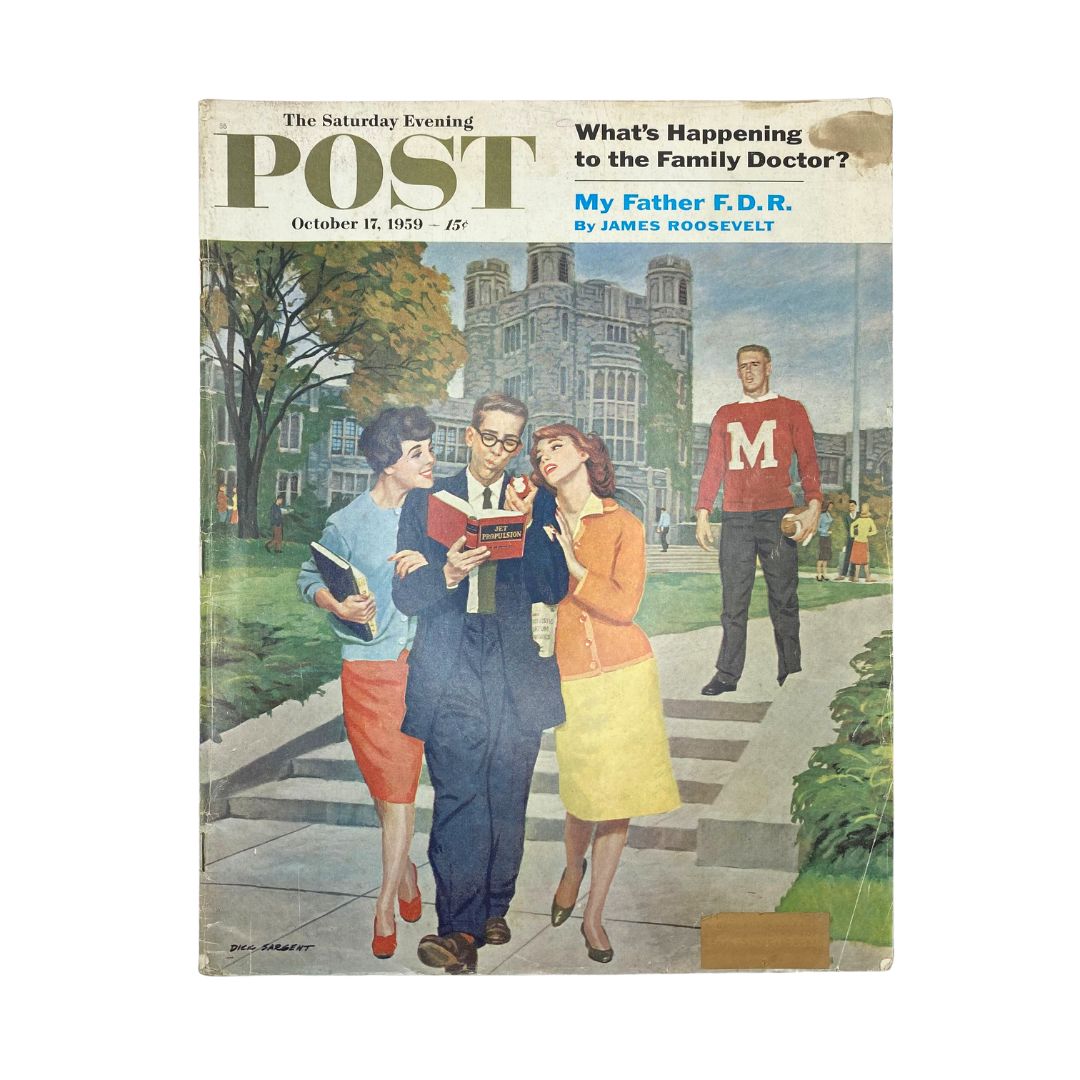 Cover of Saturday Evening Post Magazine from October 17, 1959 featuring an illustration of young adults reading and enjoying literature on a college campus, with a student wearing an 'M' sweater.