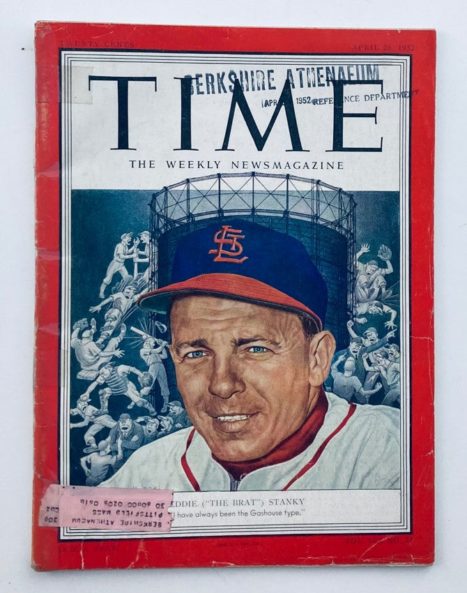 Cover of VTG Time Magazine April 28 1952 featuring artwork by Ernest Hamlin Baker, showcasing a portrait of Eddie 'The Brat' Stanky, a baseball player, amidst a scene of baseball players in action.