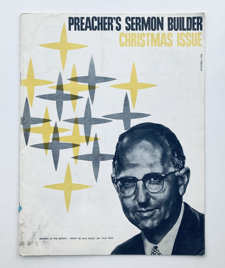Cover of the VTG Preacher's Sermon Builder Magazine December 1958 featuring Dr. Paul Rees, showcasing a Christmas theme with colorful stars.