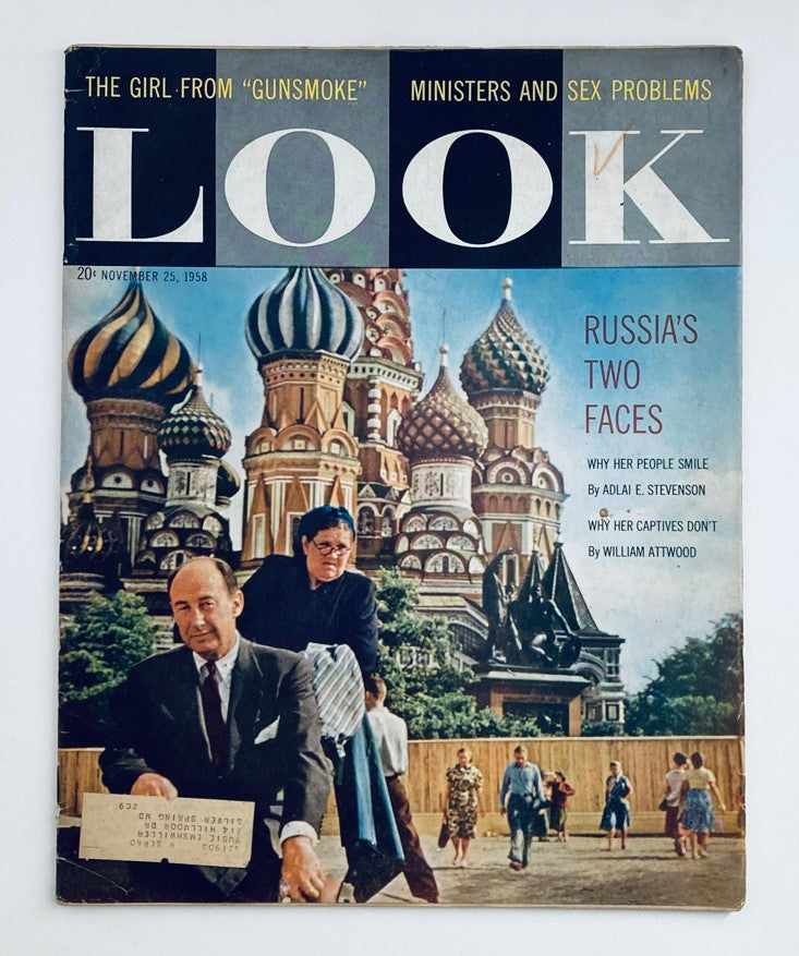 Cover of VTG Look Magazine November 25, 1958, featuring a striking image of St. Basil's Cathedral and Adlai E. Stevenson, showcasing the theme 'Russia's Two Faces'.