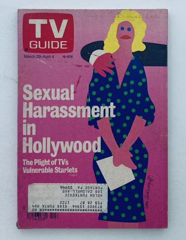 TV Guide Magazine March 29 1986 featuring the cover titled 'Sexual Harassment in Hollywood: The Plight of TV's Vulnerable Starlets'. The cover showcases a colorful illustration of a woman in a polka-dotted dress on a pink background.