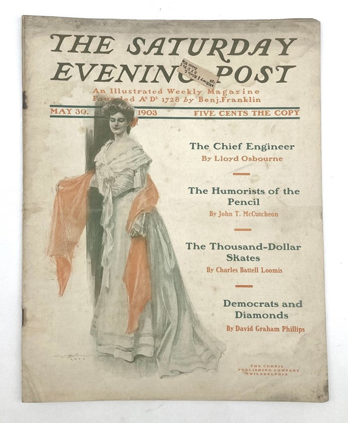 Cover page of the Saturday Evening Post illustrated cover from May 30, 1903, titled 'The Chief Engineer' featuring vibrant colors and period design.
